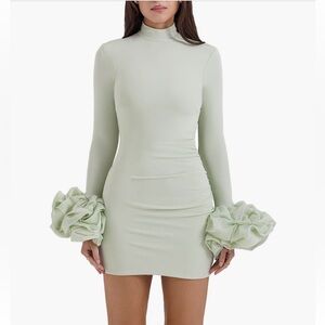 House of CB camilla Green Ruffled Bodycon Dress with Puff Sleeves